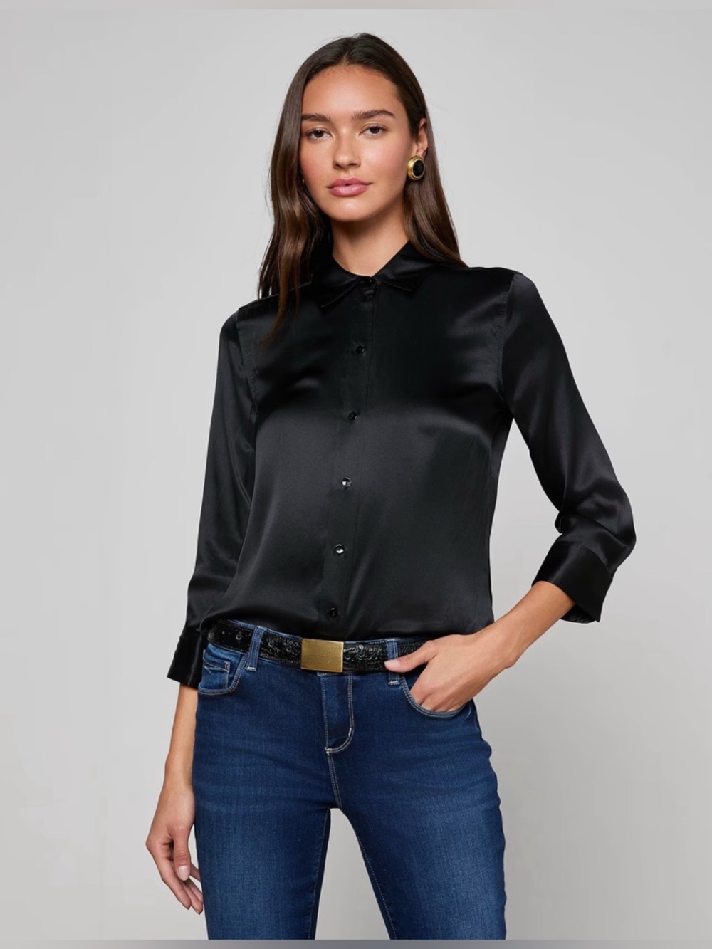 L'AGENCE Black Satin Button-Down Blouse